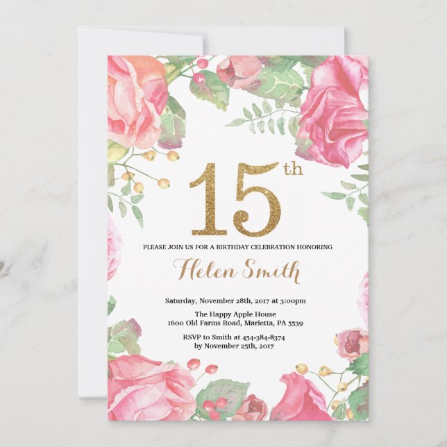 Floral 15e anniversaire Invitation Parties scintil (Devant)