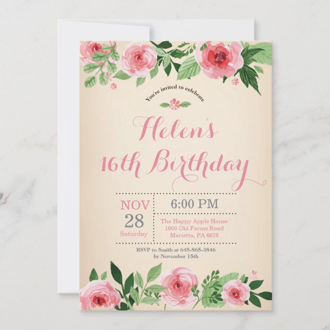 Floral 16e anniversaire Invitation Aquarelle rose (Devant)