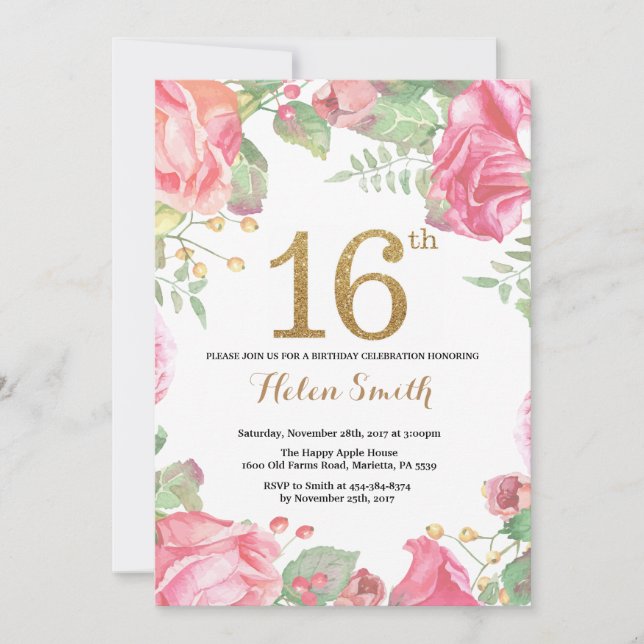 Floral 16e anniversaire Invitation Parties scintil (Devant)