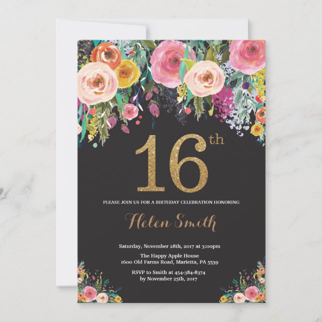 Floral 16e anniversaire Invitation Parties scintil (Devant)