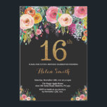 Floral 16e anniversaire Invitation Parties scintil<br><div class="desc">Invitation Florale 16e anniversaire pour les femmes. Fleur florale aquarelle. Parties scintillant Noir et Or. Rose,  Jaune,  Orange,  Fleur Violette. Anniversaire enfant. Pour L'Adolescent Ado Fille Lady. Pour plus de personnalisation,  cliquez sur le bouton "Customiser" et utilisez notre outil de conception pour modifier ce modèle.</div>