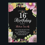 Floral 16e anniversaire Invitation pour les femmes<br><div class="desc">Invitation Florale 16e anniversaire pour les femmes. Aquarelle Floral, rose, noir arrière - plan de tableau noir. 13ème 16ème 18ème 21ème 30ème 40ème 50ème 60ème 70ème 80ème 90ème 100ème. N'Importe Quel Âge. Pour plus de personnalisation, cliquez sur le bouton "Customiser" et utilisez notre outil de conception pour modifier ce modèle....</div>