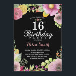 Floral 16e anniversaire Invitation pour les femmes<br><div class="desc">Invitation Florale 16e anniversaire pour les femmes. Aquarelle Floral, rose, noir arrière - plan de tableau noir. 13ème 16ème 18ème 21ème 30ème 40ème 50ème 60ème 70ème 80ème 90ème 100ème. N'Importe Quel Âge. Pour plus de personnalisation, cliquez sur le bouton "Customiser" et utilisez notre outil de conception pour modifier ce modèle....</div>