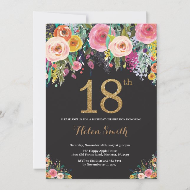 Floral 18e anniversaire Invitation Parties scintil (Devant)