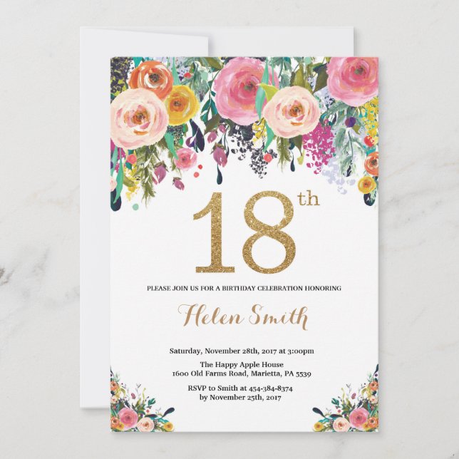 Floral 18e anniversaire Invitation Parties scintil (Devant)