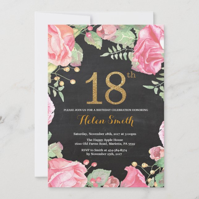 Floral 18e anniversaire Invitation Parties scintil (Devant)