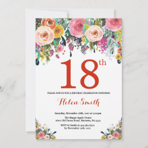 Floral 18e anniversaire Invitation rouge