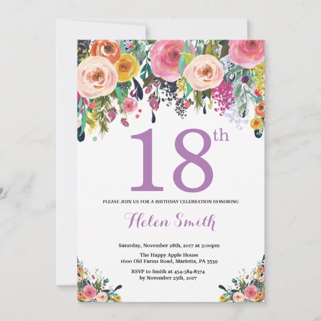 Floral 18e anniversaire Invitation violet (Devant)