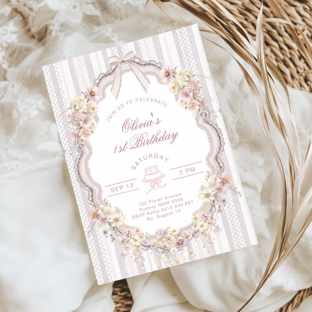 Floral 1st Birthday Bow Photo Invitation (Créateur téléchargé)