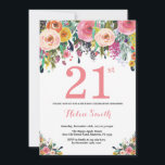 Floral 21e anniversaire Invitation rose<br><div class="desc">Invitation Florale 21e Anniversaire pour les femmes. Fleur florale aquarelle. Rose, Jaune, Orange, Fleur Violette. Anniversaire adulte. 30ème 40ème 50ème 60ème 70ème 80ème 90ème 100ème 13ème 15ème 16ème 18ème 20ème 21ème N'importe quel âge. Pour plus de personnalisation, cliquez sur le bouton "Customiser" et utilisez notre outil de conception pour modifier...</div>