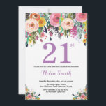 Floral 21e anniversaire Invitation violet<br><div class="desc">Invitation Florale 21e Anniversaire pour les femmes. Fleur florale aquarelle. Rose, Jaune, Orange, Fleur Violette. Anniversaire adulte. 30ème 40ème 50ème 60ème 70ème 80ème 90ème 100ème 13ème 15ème 16ème 18ème 20ème 21ème N'importe quel âge. Pour plus de personnalisation, cliquez sur le bouton "Customiser" et utilisez notre outil de conception pour modifier...</div>
