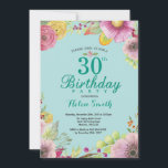 Floral 30e anniversaire Invitation pour femmes Tur<br><div class="desc">Floral 30th Birthday Invitation for Women. Aquarelle Florale,  Turquoise Aqua Turquoise Arrière - plan. Pour plus de personnalisation,  cliquez sur le bouton "Customiser" et utilisez notre outil de conception pour modifier ce modèle.</div>
