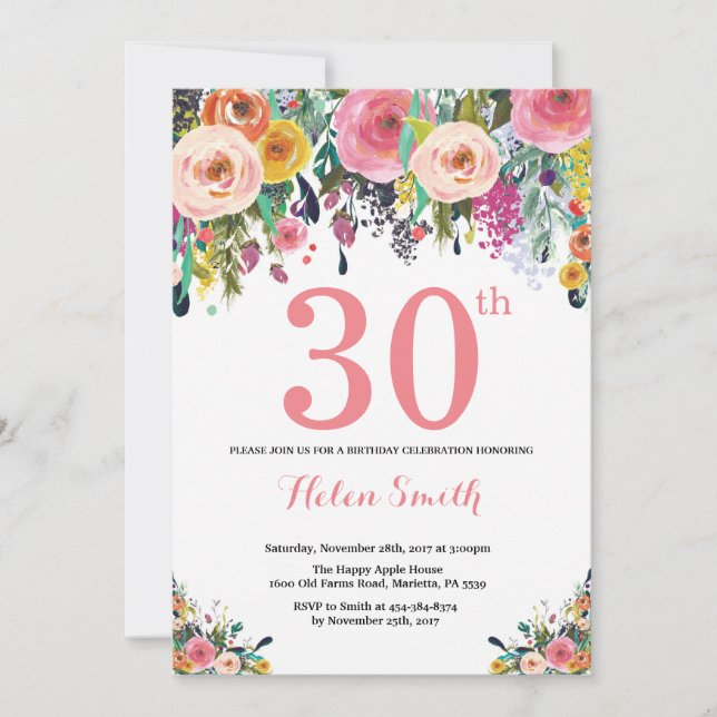 Floral 30e anniversaire Invitation rose (Devant)