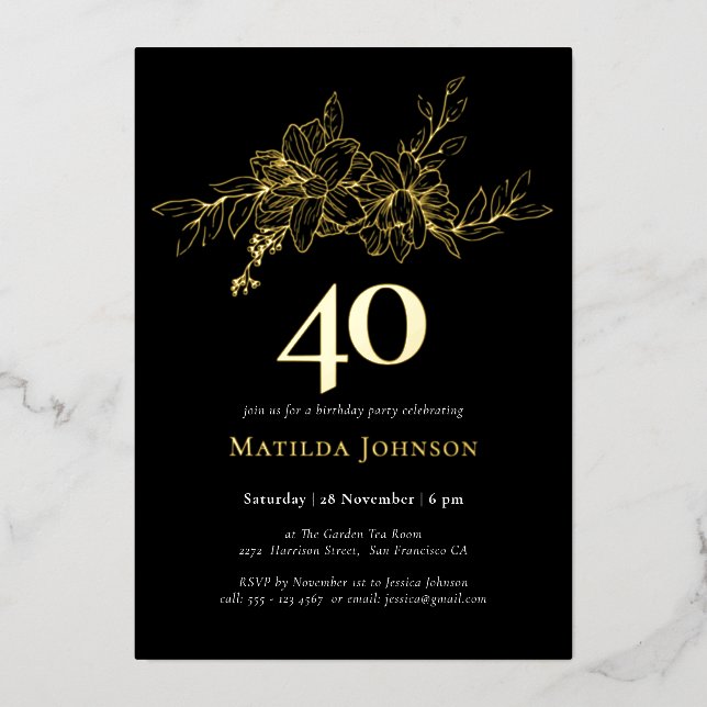 Floral 40e anniversaire Gold Foil Invitation (Recto)