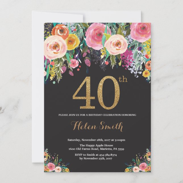 Floral 40e anniversaire Invitation Parties scintil (Devant)