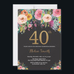 Floral 40e anniversaire Invitation Parties scintil<br><div class="desc">Invitation Florale 40e anniversaire pour les femmes. Fleur florale aquarelle. Parties scintillant Noir et Or. Rose,  Jaune,  Orange,  Fleur Violette. Anniversaire adulte. Pour plus de personnalisation,  cliquez sur le bouton "Customiser" et utilisez notre outil de conception pour modifier ce modèle.</div>