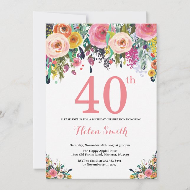 Floral 40e anniversaire Invitation rose (Devant)