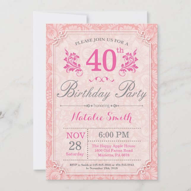 Floral 40e anniversaire Invitation rose pour les f (Devant)