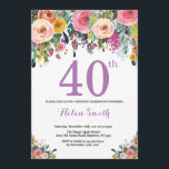 Floral 40e anniversaire Invitation violet<br><div class="desc">Invitation Florale 40e anniversaire pour les femmes. Fleur florale aquarelle. Rose, Jaune, Orange, Fleur Violette. Anniversaire adulte. 30ème 40ème 50ème 60ème 70ème 80ème 90ème 100ème 13ème 15ème 16ème 18ème 20ème 21ème N'importe quel âge. Pour plus de personnalisation, cliquez sur le bouton "Customiser" et utilisez notre outil de conception pour modifier...</div>