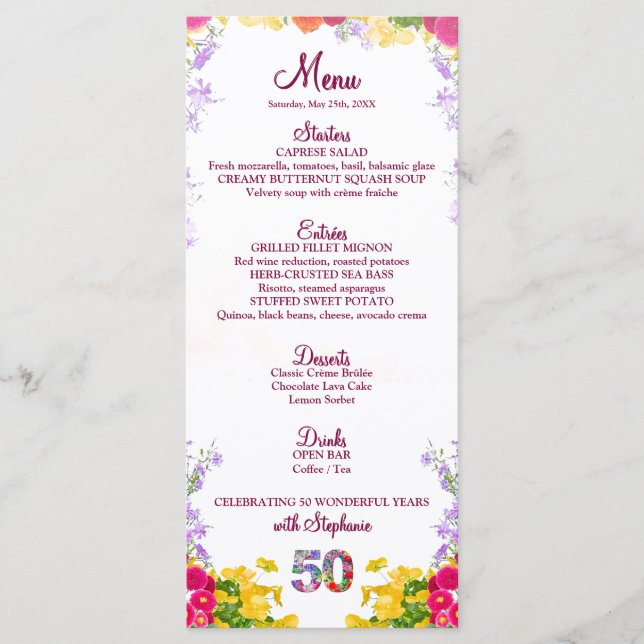 Floral 50th Birthday Menu Card élégant 50 ans (Devant)