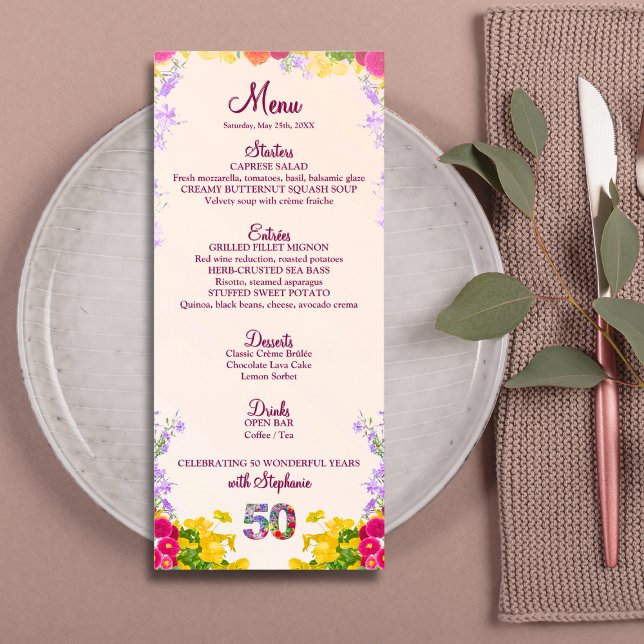 Floral 50th Birthday Menu Card élégant 50 ans (Créateur téléchargé)