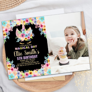 Floral 5e Photo Unicorn Invitations Anniversaire