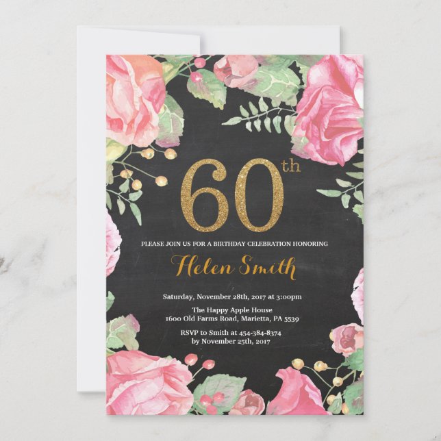 Floral 60e anniversaire Invitation Parties scintil (Devant)