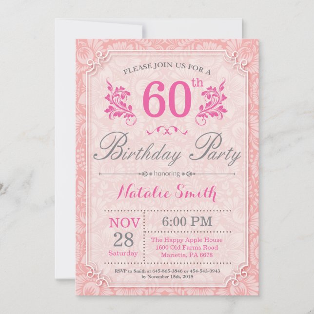 Floral 60e anniversaire Invitation rose pour les f (Devant)