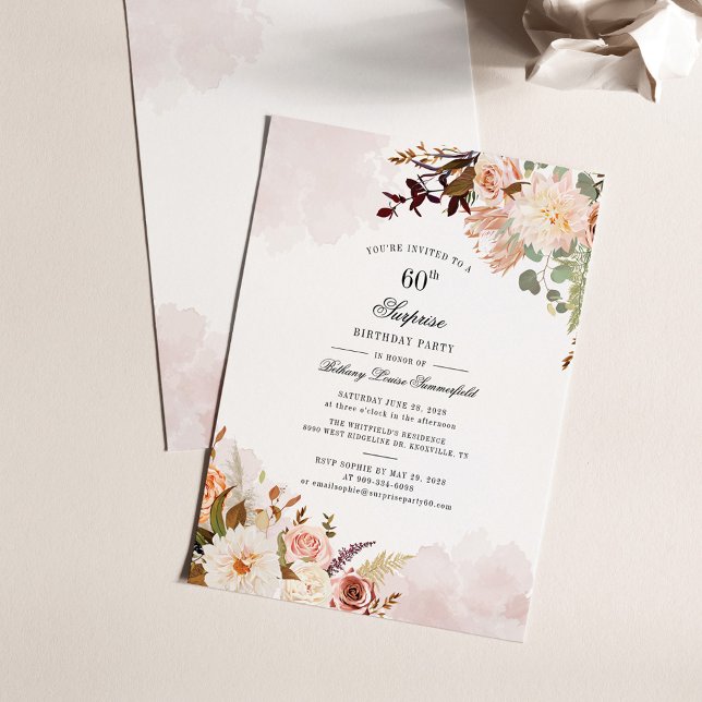Floral 60e anniversaire Surprise Party Invitation (Watercolor Floral 60th Birthday Party Invitation)