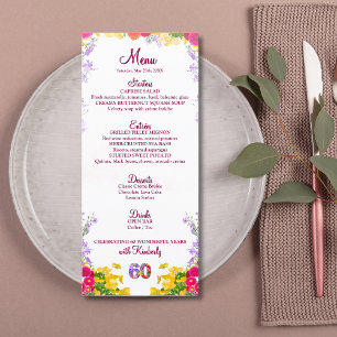 Floral 60th Birthday Menu Card élégant 60 ans