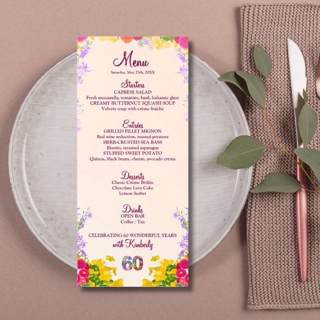Floral 60th Birthday Menu Card élégant 60 ans (Créateur téléchargé)
