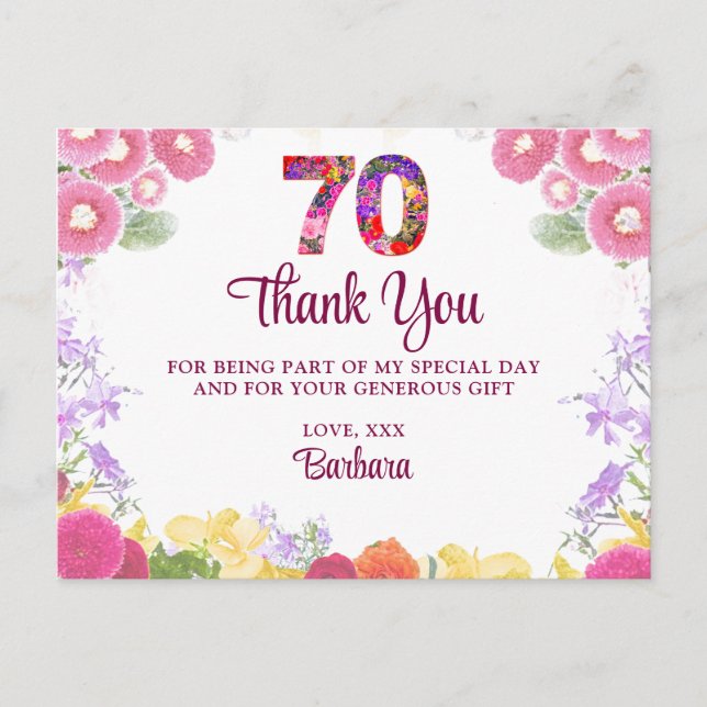 Floral 70e anniversaire carte de remerciements 70  (Devant)