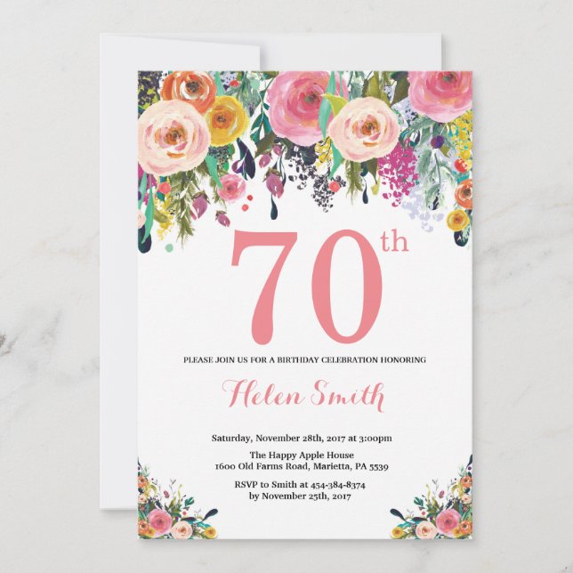 Floral 70e anniversaire Invitation rose (Devant)
