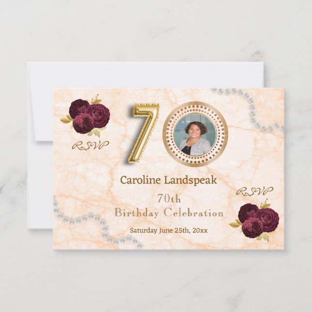 Floral 70th Birthday & Gold Foil Balloon RSVP (Devant)