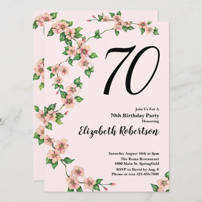 Floral 70th Birthday Invitation in Blush Pink (Devant / Derrière)