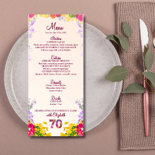 Floral 70th Birthday Menu Card élégant 70 ans