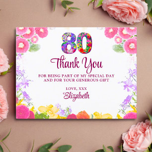 Floral 80e anniversaire carte de remerciements 80