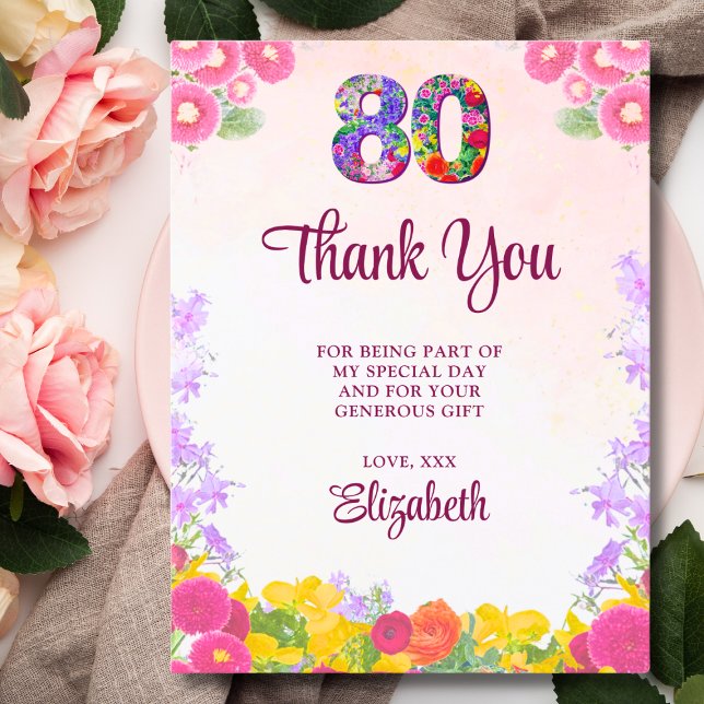 Floral 80e anniversaire carte de remerciements 80  (Créateur téléchargé)
