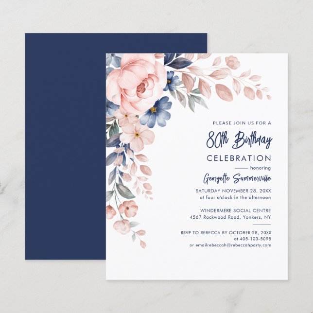 Floral 80e anniversaire fête Pink Foliage Invitati (Devant / Derrière)