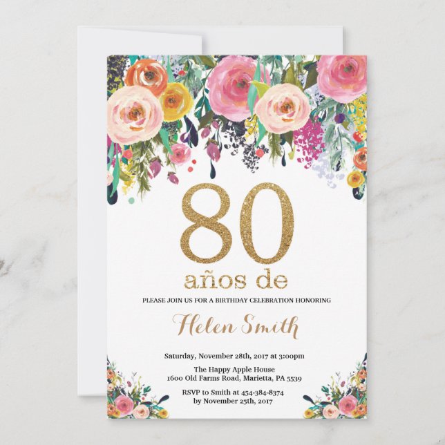 Floral 80e anniversaire Invitation Parties scintil (Devant)