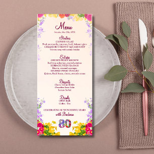 Floral 80th Birthday Menu Card élégant 80 ans