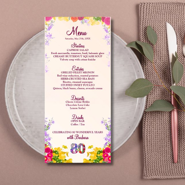 Floral 80th Birthday Menu Card élégant 80 ans (Créateur téléchargé)