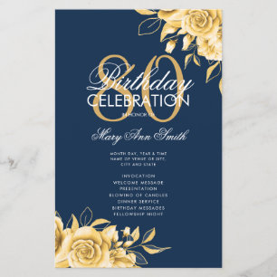 Floral 80th Birthday Program Gold & Navy avec menu