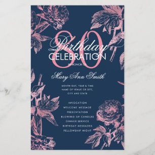 Floral 80th Birthday Programme Rose Gold Navy Menu