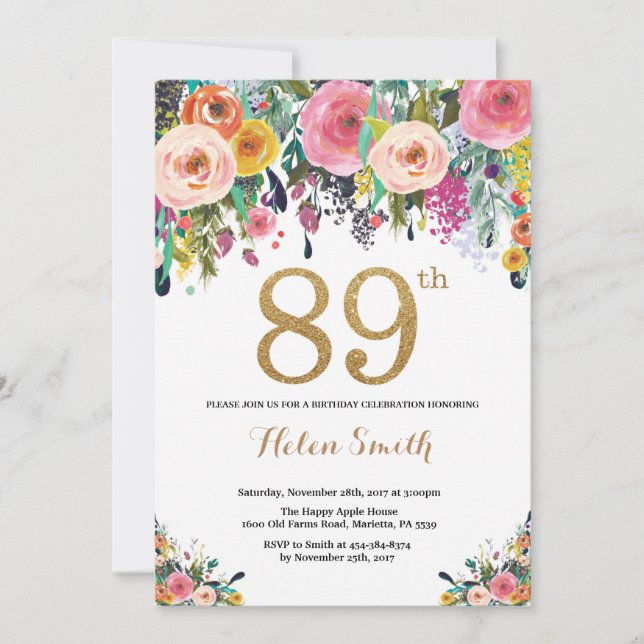 Floral 89e anniversaire Invitation Parties scintil (Devant)