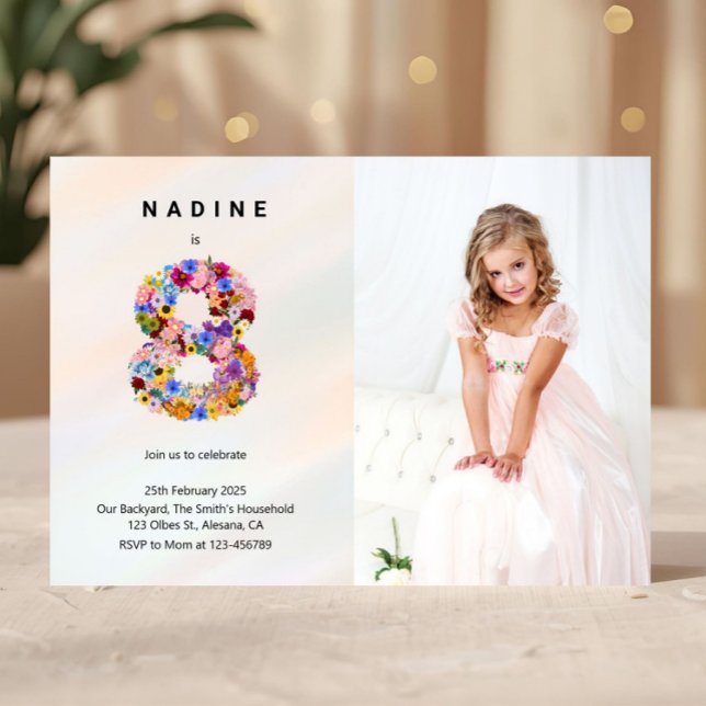 Floral 8e anniversaire Invitation Printemps Style  (Spring Floral Themed Birthday Party Invitation, 8th Birthday Photo Invitation, Eight Year Old Girl B)