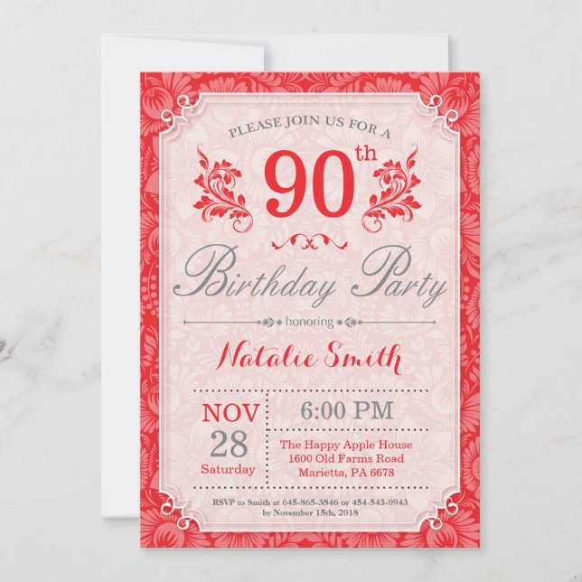 Floral 90e anniversaire Invitation Rouge pour les  (Devant)