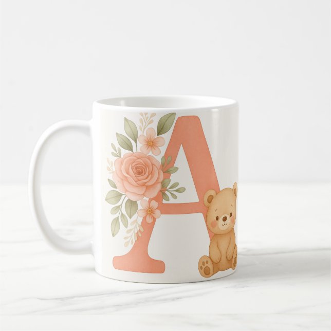 Floral Alphabet A Mug – Cute Bear Initial Mug (Gauche)