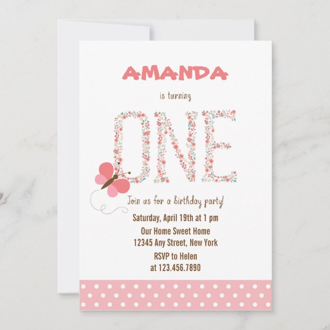 Floral Alphabet Girl First Birthday Invitation (Devant)