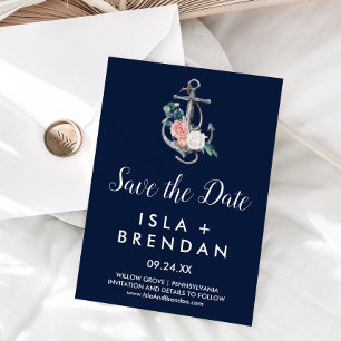 Floral Anchor   Navy Summer Save the Date Card